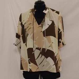 Worthington Short-Sleeve Abstract Print Top in Beige, Brown and Cream